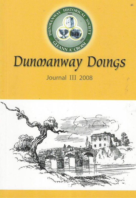 Cover of 'Dunmanway Doings, Journal III 2008' by the Dunmanway Historical Society. The yellow cover displays the society's circular logo and title above a black-and-white sketch of a multi-arched stone bridge crossing a river, framed by a twisted, leafless tree on the left bank and a building on the right.