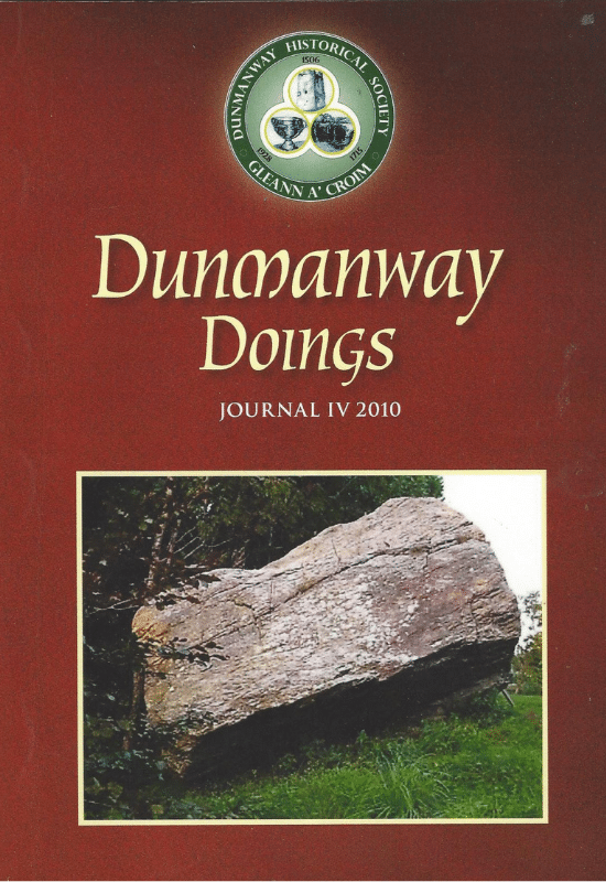 Cover of 'Dunmanway Doings, Journal IV 2010' by the Dunmanway Historical Society. The dark red cover features the society's logo and title above a colour photograph of a large, flat, ancient-looking stone resting at an angle in a grassy, wooded area.