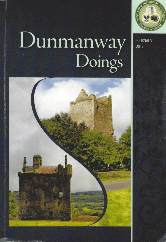 Cover of 'Dunmanway Doings, Journal V 2012'. The dark cover is divided by a stylised, sweeping 'S' shape that separates two colour photographs of ruined stone castles set within green landscapes. The right edge features a subtle black floral pattern and the Dunmanway Historical Association logo.