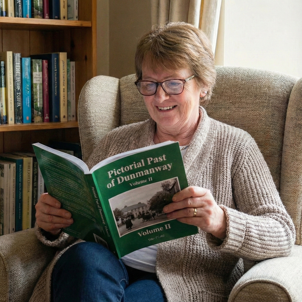 A smiling woman with glasses sits in an armchair by a window, reading the green book "Pictorial Past of Dunmanway, Volume II". A wooden bookshelf filled with various books is behind her.