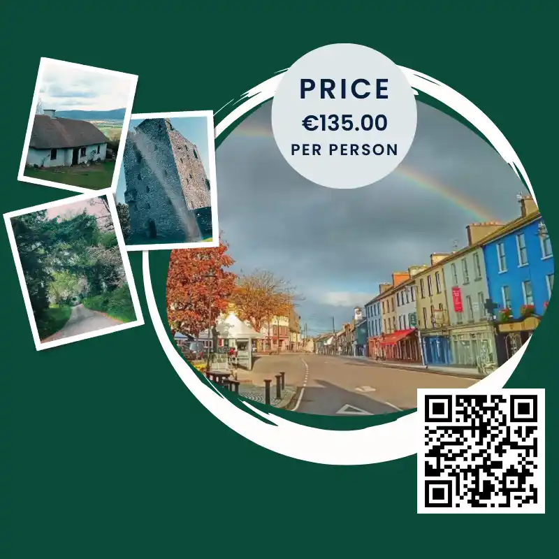 Gemini said Promotional graphic for the Dunmanway Homecoming 2026 event, featuring a circular image of a Dunmanway street under a rainbow. To the left are three smaller polaroid-style photos showing a cottage, a stone tower, and a tree-lined road. A light blue circle at the top right contains the text 'PRICE €135.00 PER PERSON'. A QR code is located in the bottom right corner, all set against a dark green background.