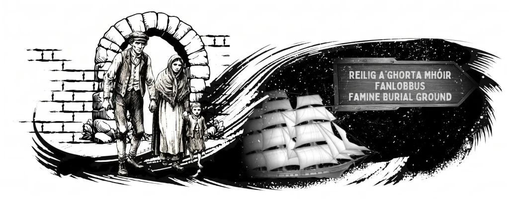 A monochrome illustration depicting the Irish famine. On the left, a man, a woman in a shawl, and a small child are shown walking through a stone archway. On the right, a large three-masted sailing ship (a 'famine ship') is depicted at sea. Above the ship, set against a dark background, is a wooden directional signpost.