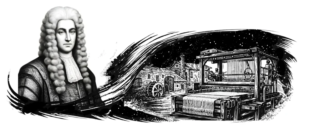 An illustration for a plaque titled "Town Origins & Linen Legacy". On the left is a portrait of an 18th-century man wearing a wig. A sweeping graphic transitions to the right, revealing a traditional linen loom and an old building with an exterior waterwheel.