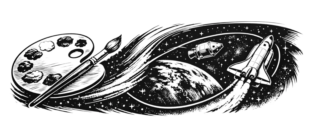 An illustration for a plaque titled "Famous Artist & Space Explorers". On the left is a wooden artist's palette with dabs of paint and a paintbrush. The image sweeps to the right to depict a space scene featuring the Earth, a space capsule, and a space shuttle launching into the starry cosmos.