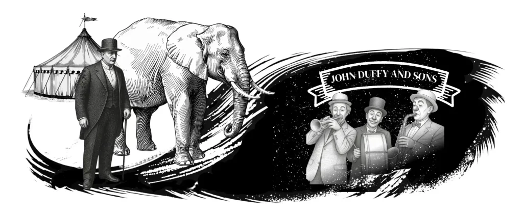 A monochrome illustration featuring a circus theme. On the left, a man in a formal 19th-century suit and top hat stands holding a walking cane. Beside him is a large African elephant. In the background, a traditional 'big top' circus tent is visible. The right side, set against a dark, speckled background, shows three circus performers or clowns in suits and hats. One plays a trumpet, the second a drum, and the third a saxophone.