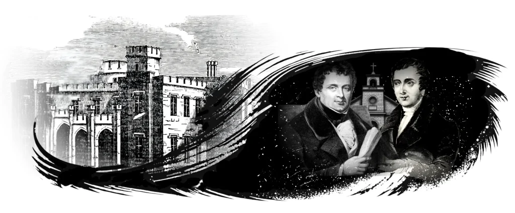 A monochrome montage of architecture and portraits. The left side features a detailed drawing of a large stone castle or fortified building with gothic-style arched windows and battlements. On the right, against a dark background, are portraits of two men in early 19th-century formal dress (cravats and high-collared coats). Between them, in the background, is a simple stone church with a cross on its roof.