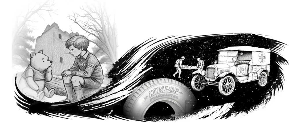 A monochrome montage of literature and wartime history. On the left, a classic illustration shows Christopher Robin and Winnie-the-Pooh sitting on a log in front of a stone ruin. On the right, a large vehicle tyre is partially visible in the foreground. In the background, against a dark sky, two medics are shown carrying a casualty on a stretcher towards a vintage ambulance marked with a Red Cross.