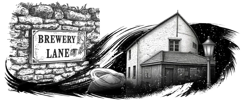 An illustration for a plaque titled "The Market House & Town Commerce". On the left, a stone wall features a sign reading "BREWERY LANE". A sweeping line transitions to the right, showing a sack of grain, a traditional street lamp, and an old stone building with posters displayed on the front.