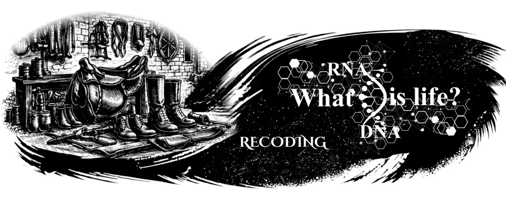 An illustration for a plaque titled "The Atkins Family: Industry, Employment & Science". The left side depicts a traditional saddler or cobbler's workshop, displaying a saddle, boots, and tools on a workbench. The image sweeps to the right into a modern scientific graphic featuring a DNA double helix, molecular honeycomb structures, and the words "RNA", "What is life?", "DNA", and "RECODING" against a dark, starry background.