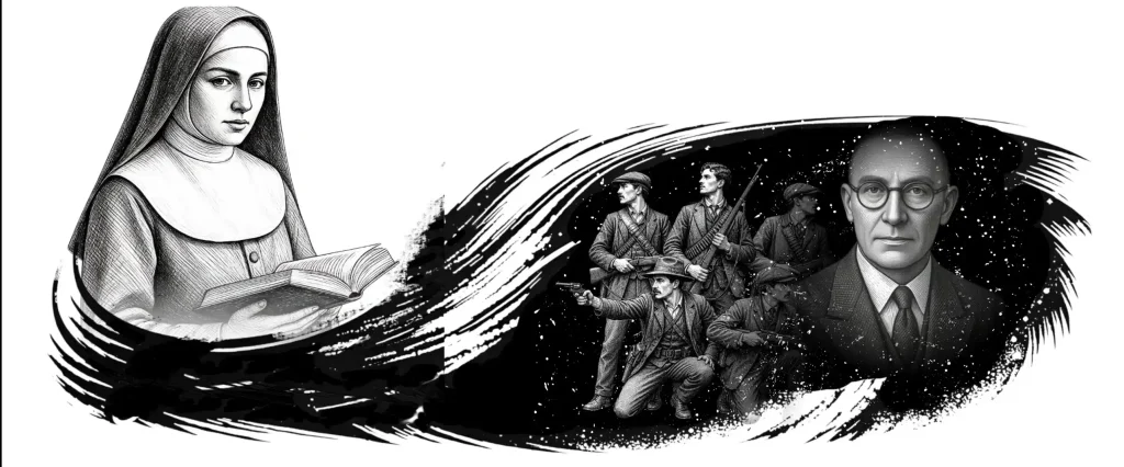 A monochrome montage depicting religious and historical figures. On the left, a nun in a traditional habit is shown from the waist up, holding an open book. On the right, against a dark, starry background, is a group of five men in early 20th-century attire (flat caps and jackets) carrying rifles; one is kneeling and aiming a handgun. Superimposed on the far right is a portrait of a man with glasses and a suit, looking directly forward.