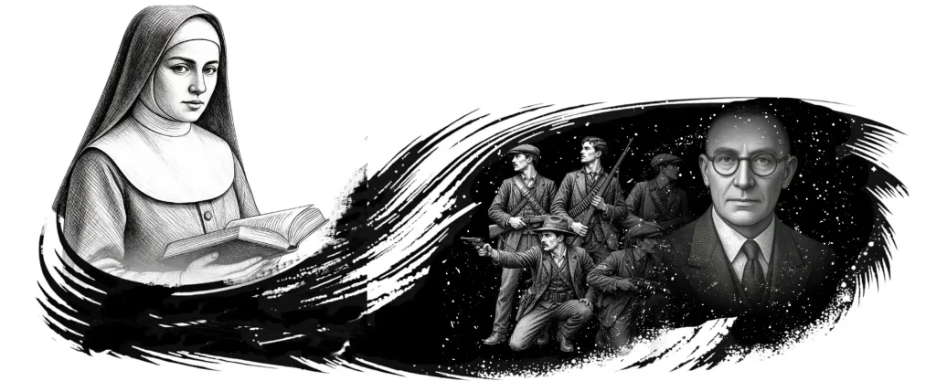 A monochrome montage depicting religious and historical figures. On the left, a nun in a traditional habit is shown from the waist up, holding an open book. On the right, against a dark, starry background, is a group of five men in early 20th-century attire (flat caps and jackets) carrying rifles; one is kneeling and aiming a handgun. Superimposed on the far right is a portrait of a man with glasses and a suit, looking directly forward.