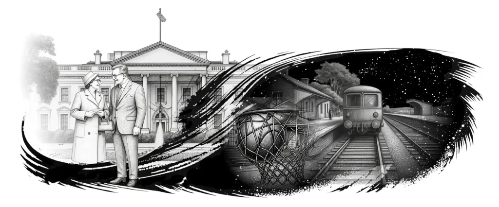 A monochrome illustration showing civic and transport themes. On the left, a man and woman in formal mid-20th-century attire stand talking in front of the White House (a large, neo-classical building with columns). On the right, set against a dark background, is a close-up of a basketball entering a net. In the background of this section, a vintage train is stationary on tracks at a rural railway station under a night sky.