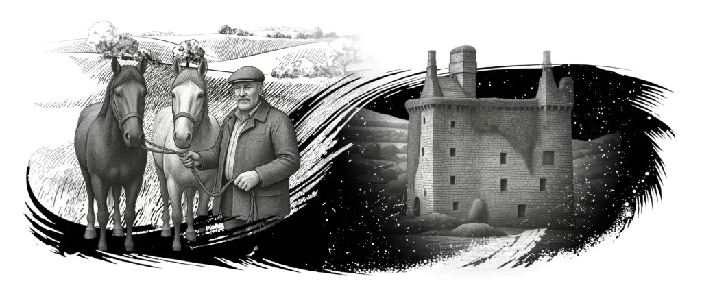 A monochrome rural scene. On the left, a man wearing a flat cap and a rugged jacket stands in a field, holding the lead ropes of two horses. The background shows rolling hills and sparse trees. On the right, a large, four-storey stone castle or tower house with turrets is depicted against a dark, speckled night sky, with a small path leading to its entrance.