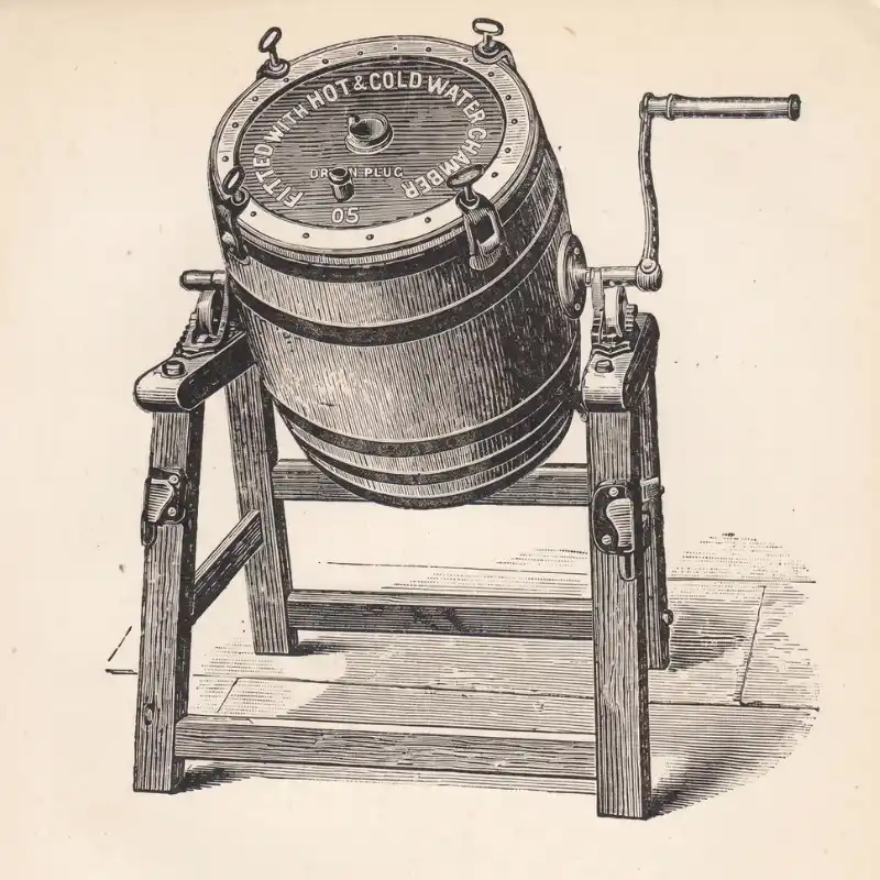 An antique black-and-white line drawing of a barrel-style butter churn on a wooden stand, featuring a hand crank on the side and text on the lid reading "Fitted with Hot & Cold Water Chamber".