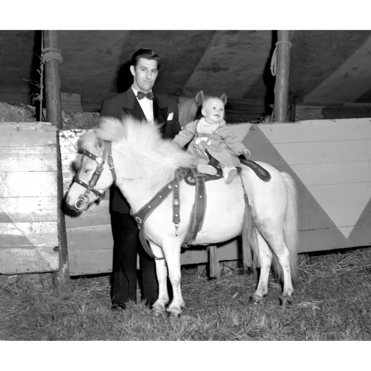A black and white photograph taken in John Duffy’s circus, showing a young child riding a small pony alongside an adult handler.The main subject is a fluffy, light-coloured Shetland pony standing in profile facing left. The pony is equipped with a dark leather bridle, reins, and a small saddle. Seated on the pony's back is a toddler or young baby, dressed in a thick, light-coloured winter coat and matching bonnet. The child is smiling and looking towards the right side of the frame.Standing directly behind the pony is a young man serving as the handler or trainer. He is dressed formally in a dark dinner suit, white shirt, and a dark bow tie, with a white pocket square visible in his breast pocket. He looks directly at the camera with a neutral expression. The background consists of a rustic wooden stable barrier or ring fence painted with light and dark triangular geometric patterns. The ground is covered in loose straw or hay, and heavy wooden support poles for a tent or barn structure are visible in the background.