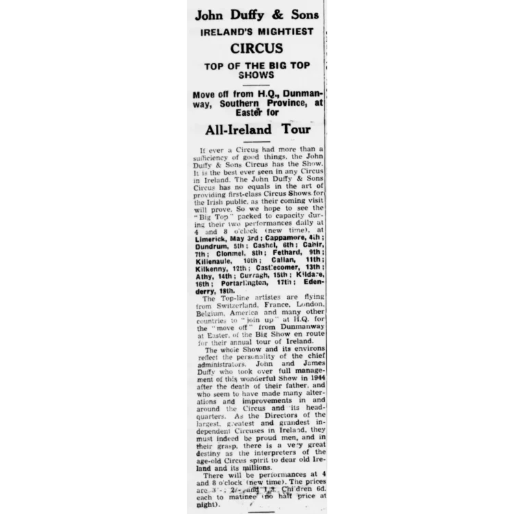 An advertisement for the John Duffy & Sons Circus tour, as printed in the Kilkenny Journal on 20/04/1946.