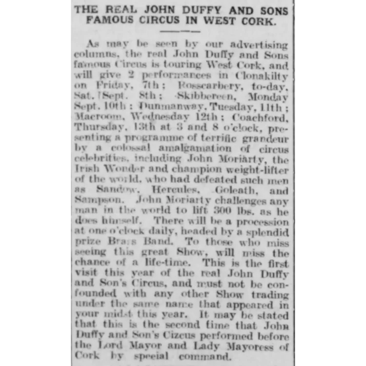 A 1917 report from the Skibbereen & West Carbery Eagle detailing the West Cork tour dates for John Duffy and Sons Circus, including their scheduled stop in Dunmanway on Tuesday, September 11th.