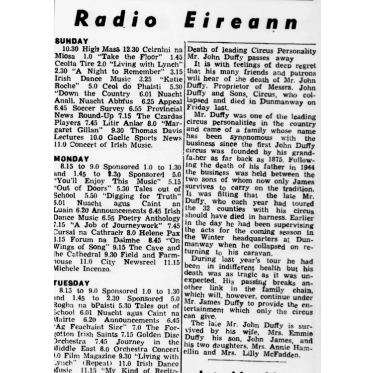 The obituary of John Duffy, proprietor of John Duffy and Sons Circus, who passed away suddenly at the winter headquarters in Dunmanway while supervising preparations for the upcoming season. Printed in the Kilkenny Journal, 10 November 1956.