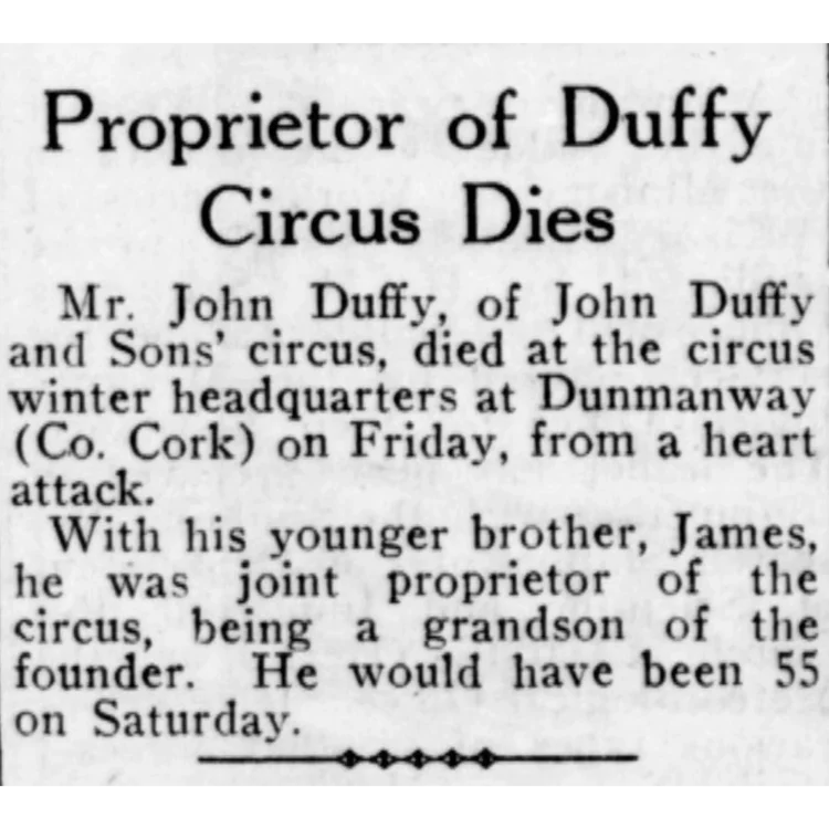 An Armagh Guardian report on the sudden death of circus proprietor John Duffy at the family's winter quarters in Dunmanway, published 9 November 1956.