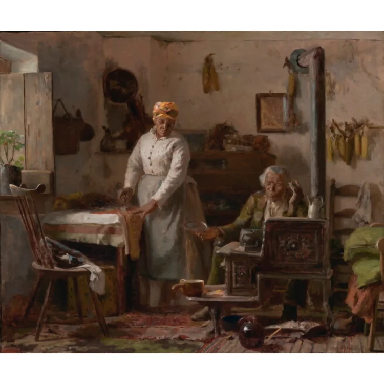 Thomas Hovenden’s painting portrays an aging couple at home, the wife ironing while her husband, Sam, attends to a meal heating on the stove. Warm light shines through the window, lending the small room an aura of domestic tranquility. 