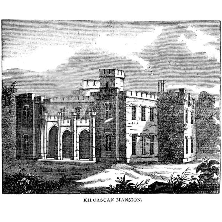 A black and white historical engraving of Kilcascan Mansion. The grand residence is depicted in a castellated, Gothic Revival architectural style, complete with crenellated battlements, towers, and a prominent three-arched stone entrance porch on the left. The right side of the building is covered in climbing ivy, and the mansion is surrounded by trees and foliage.