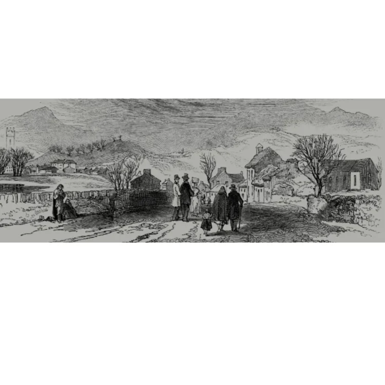 A wide, historical black and white engraving depicting a rural road leading into the town of Dunmanway in 1846. Several groups of people in period clothing walk along the dirt road or stand along its edges. To the left, a stone wall borders a field, and a church tower is visible in the distance. To the right, traditional stone buildings and a church flank the roadside. Rolling hills and mountains rise up under a vast sky in the background.