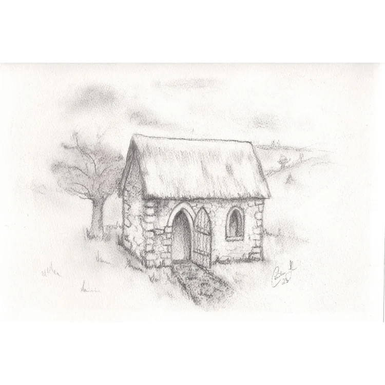A delicate pencil sketch of a small, rustic stone church building. The structure features a thatched roof, rough stone walls, a pointed Gothic-arched open doorway, and a matching arched window. A single bare tree stands to its left, and the building is set against a faint, textured backdrop suggesting a gentle hillside under a soft sky. The artist's signature is visible in the bottom right corner.