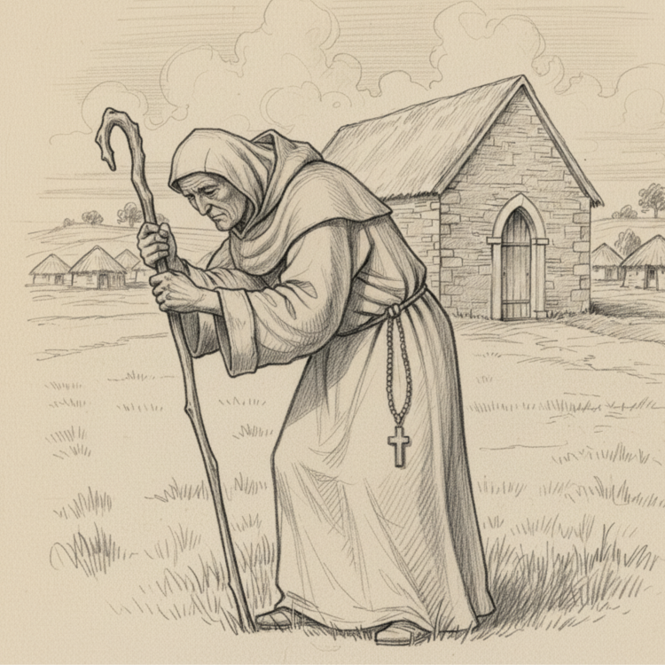 A detailed pencil illustration depicting a stooped, elderly monk representation of St Goban. He wears a heavy hooded habit tied at the waist with a cord, from which a large rosary cross hangs. He leans forward, gripping a tall, gnarled wooden staff with both hands. In the background stands a small stone church with a thatched roof, surrounded by a village of simple huts under a cloudy sky.