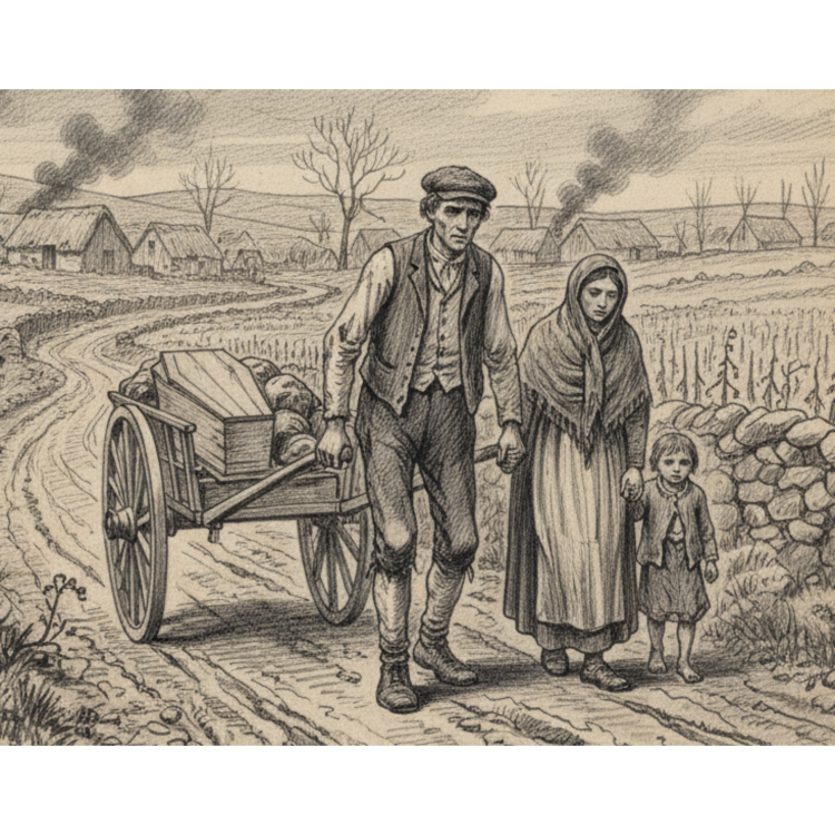 A sombre pencil drawing depicting a family walking along a muddy, rutted track. A gaunt man in a flat cap pulls a wooden two-wheeled handcart loaded with a simple wooden coffin and rounded bundles. Beside him walks a woman with a dark shawl draped over her head, holding the hand of a small child. They all look tired and downcast. In the distance, smoke rises from several thatched cottages under a grey sky.