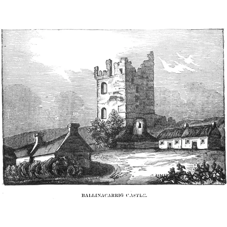 A black and white historical sketch from the Dublin Penny Journal depicting Ballinacarrig Castle in 1834. The image shows a tall, stone tower house castle, partially ruined at the top, standing on a slight hill. At the base of the hill and to the right are small, traditional single-storey thatched cottages with white walls. Another stone building stands in the foreground on the left behind low hedges. The caption at the bottom reads "BALLINACARRIG CASTLE."