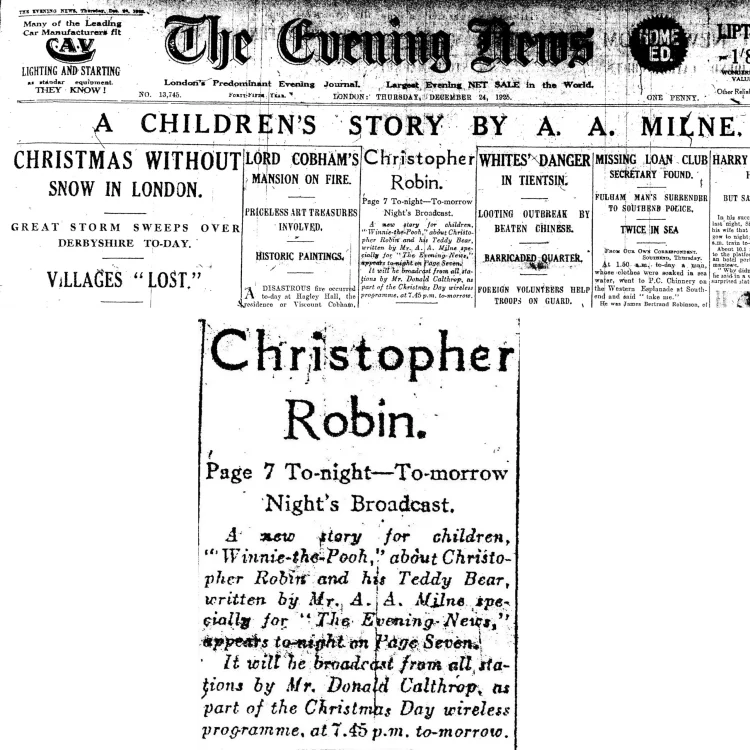 A composite image showing a historical archive newspaper clipping from The Evening News, dated Thursday, December 24, 1925. The top half shows the newspaper's masthead and front-page columns, with a prominent headline reading "A CHILDREN'S STORY BY A. A. MILNE." The bottom half of the image features an enlarged, cropped view of a specific column section titled "Christopher Robin.", which details the upcoming broadcast of a new children's story, "Winnie-the-Pooh", on Christmas Day.