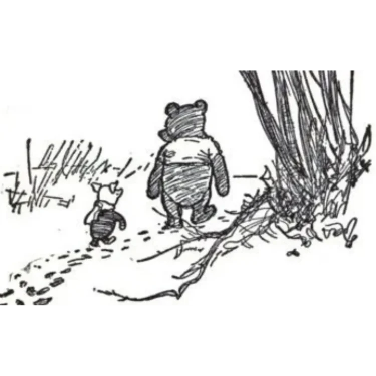 A classic, minimalist black and white line drawing of Winnie the Pooh and Piglet, viewed from behind as they walk away together along a path. Winnie the Pooh, a plump bear wearing his short shirt, is on the right, and the much smaller Piglet walks closely beside him on the left. Their small footprints trail behind them on the ground. To their right is a sketch of tall, thin bushes or trees.