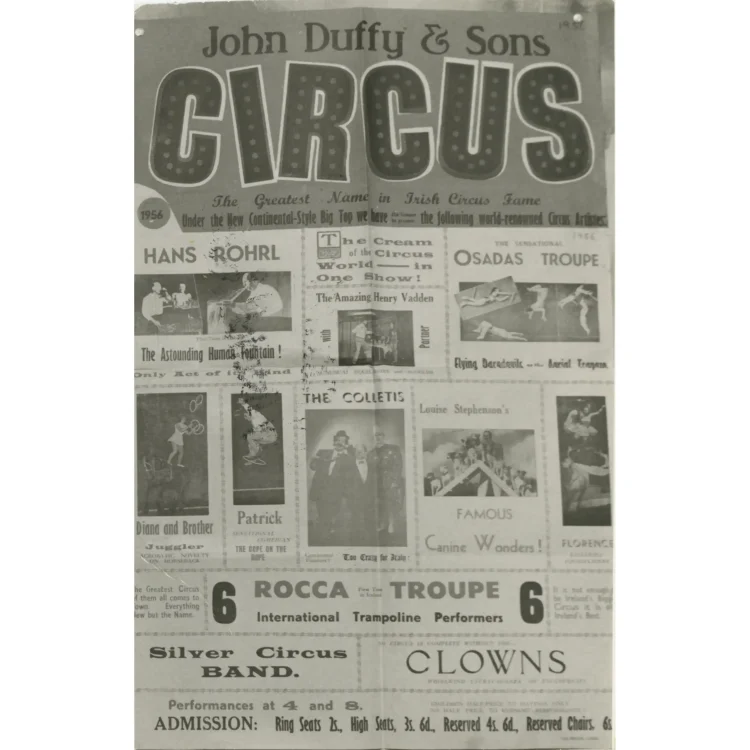 A black and white photograph of a packed layout promotional poster for John Duffy & Sons Circus from 1956. Under the large main heading "CIRCUS", the playbill displays numerous photo clippings and text advertisements for various touring circus acts. Features include "Hans Rohrl The Astounding Human Fountain!", "The Sensational Osados Troupe", "Patrick The Dope on the Rope", and "Rocca Troupe International Trampoline Performers".