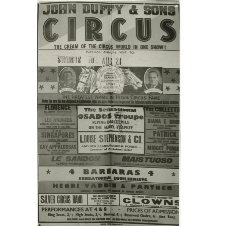 A black and white photograph of a printed promotional flyer for John Duffy & Sons Circus from 1956. The top features bold, block lettering announcing "JOHN DUFFY & SONS CIRCUS". Below, a stamped text reads "SWORDS TUE. AUG 21". The middle section contains oval portrait photographs of John Duffy and James Duffy alongside illustrations of horses' heads. The rest of the playbill lists various billing acts such as "The Sensational Osados Troupe Flying Daredevils" and "Louise Stephenson & Co. Famous Dogs & Ponies".