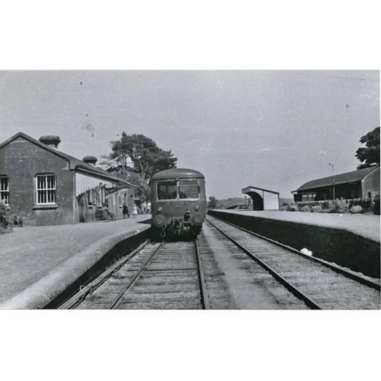 A black and white photograph showing an active Dunmanway Railway Station from a low-angle perspective looking down the tracks.A diesel railcar train is positioned on the left set of tracks, facing directly towards the camera. The train has a large front window split into sections. To the left of the train, a stone station building with large windows and chimneys runs alongside the platform. A few indistinct figures, including individuals walking, are visible on the platform near the building.To the right, a second parallel track runs alongside an opposite platform, which features a small, simple passenger shelter and a larger goods shed or warehouse structure further in the background. A line of trees stands behind the structures on both sides under a clear, bright sky.