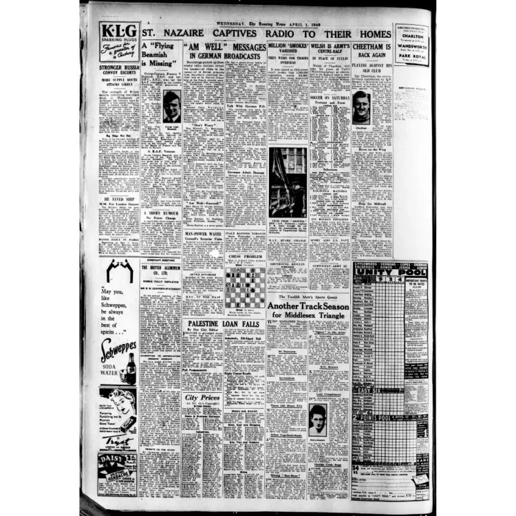 A full page of The Evening News newspaper from Wednesday, 1 April 1942. The layout features dense columns of text, multiple wartime headlines, editorial sections, commercial advertisements (such as "K.L.G. Sparking Plugs", "Schweppes Soda Water", "Daisy" tablets), financial tables, and sports listings ("Unity Pool" coupon on the right).Near the top-left of the page is the specific column regarding "A 'Flying' Beamish is Missing”.