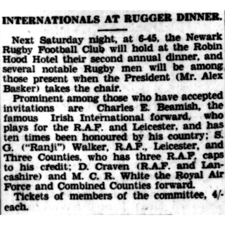 A singular news snippet from the Newark Advertiser dated 26th February 1936 about the attendance of Charles Beamish at annual rugby dinner.