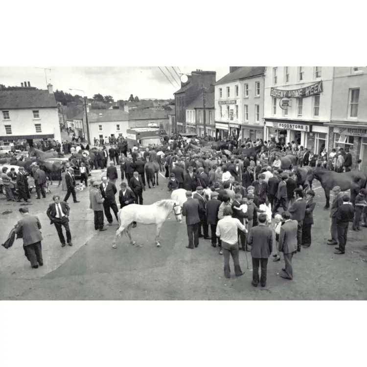 A black-and-white archive photograph captures Ballabuidhe fair in Dunmanway with numerous people and several horses. The town features multi-storey buildings lining the streets.In the foreground, a prominent white horse stands side-on facing right, held by a man amongst a small cluster of onlookers. Surrounding this central group, several other people in dark suits, coats, and flat caps are gathered across the concrete square. Multiple dark-coloured horses are distributed throughout the crowd, some tethered and others being led by attendees.In the background on the right, a large fabric banner is strung across the upper facade of a three-storey building. Below the banner, shopfronts display large glass windows. Additional town houses, parked cars, and a delivery van are visible further back under an overcast sky.