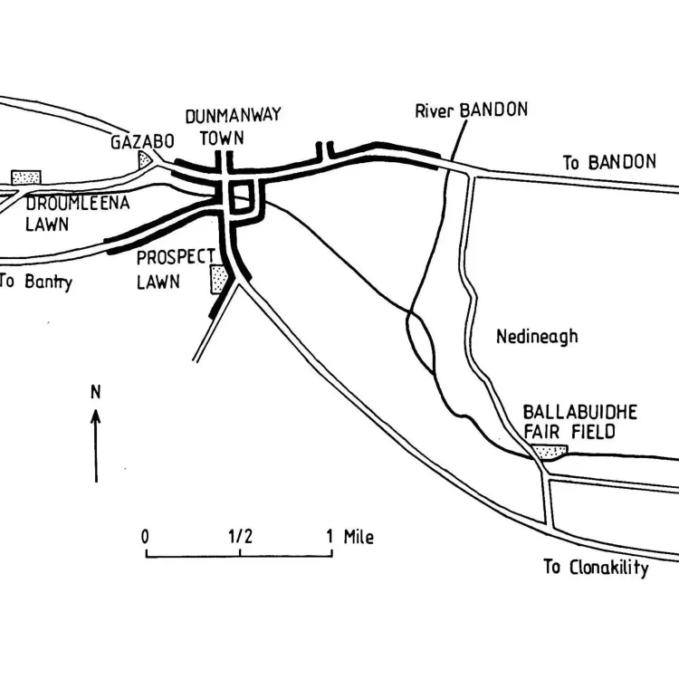 A clean, black-and-white schematic line map illustrates the geographic layout and historical event locations near Dunmanway Town. The map features simplified roads rendered in solid black and thin double lines, accompanied by sans-serif textual labels.A stylised compass arrow pointing north is situated on the left side. At the bottom centre, a simple linear scale indicates distance up to 1 mile. The River Bandon is depicted as a thin, meandering line crossing from the upper right toward the lower centre. Four specific event zones are marked with distinct stippled rectangular boxes, including one labelled on the far right along the riverbank.
